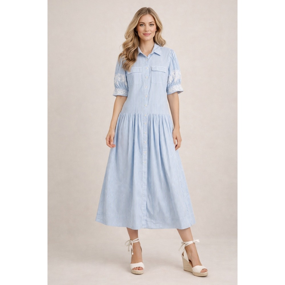 Ann Taylor Midi Shirt Dress Sz 4 Blue Striped Embroidered Short Sleeve Cottage